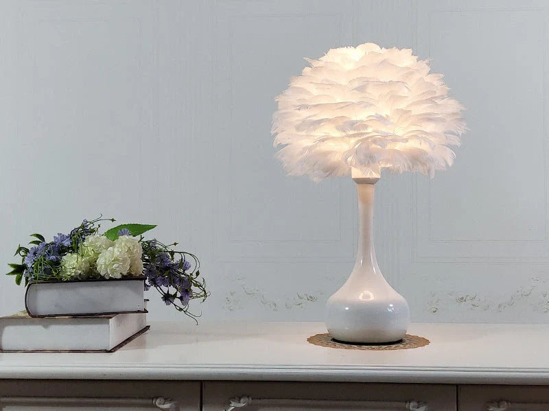 Adjustable touch dimming feather table lamp with natural white goose feather shade