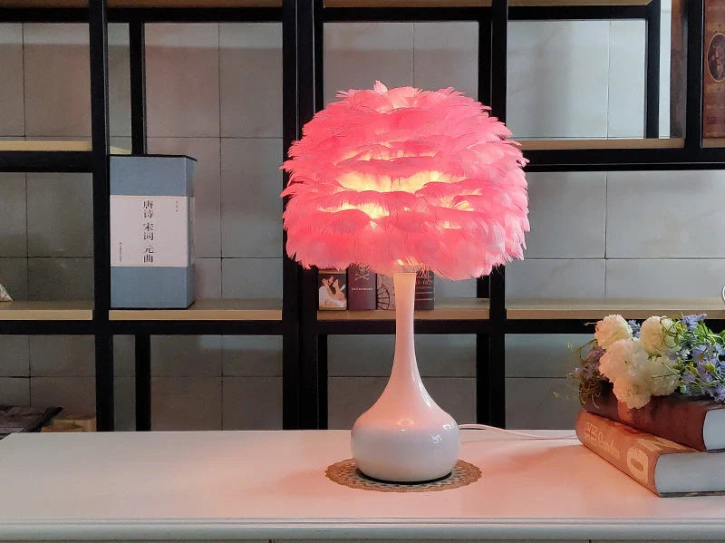Adjustable touch dimming feather table lamp with natural white goose feather shade