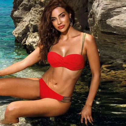 Sexy bandeau bikini sets for women in a variety of solid colors with push-up padded cups and ruched bottoms
