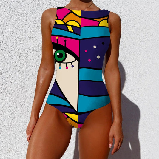 Chic vintage-inspired one-piece swimsuit with various abstract print designs, featuring a sleeveless silhouette and round neckline for a flattering fit.
