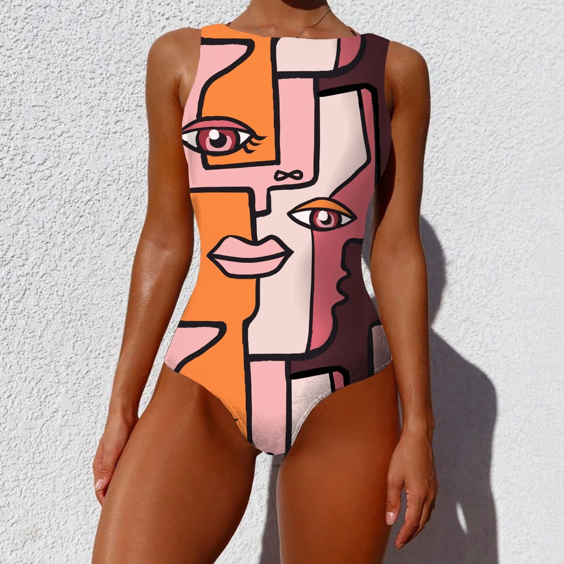 Chic vintage-inspired one-piece swimsuit with various abstract print designs, featuring a sleeveless silhouette and round neckline for a flattering fit.
