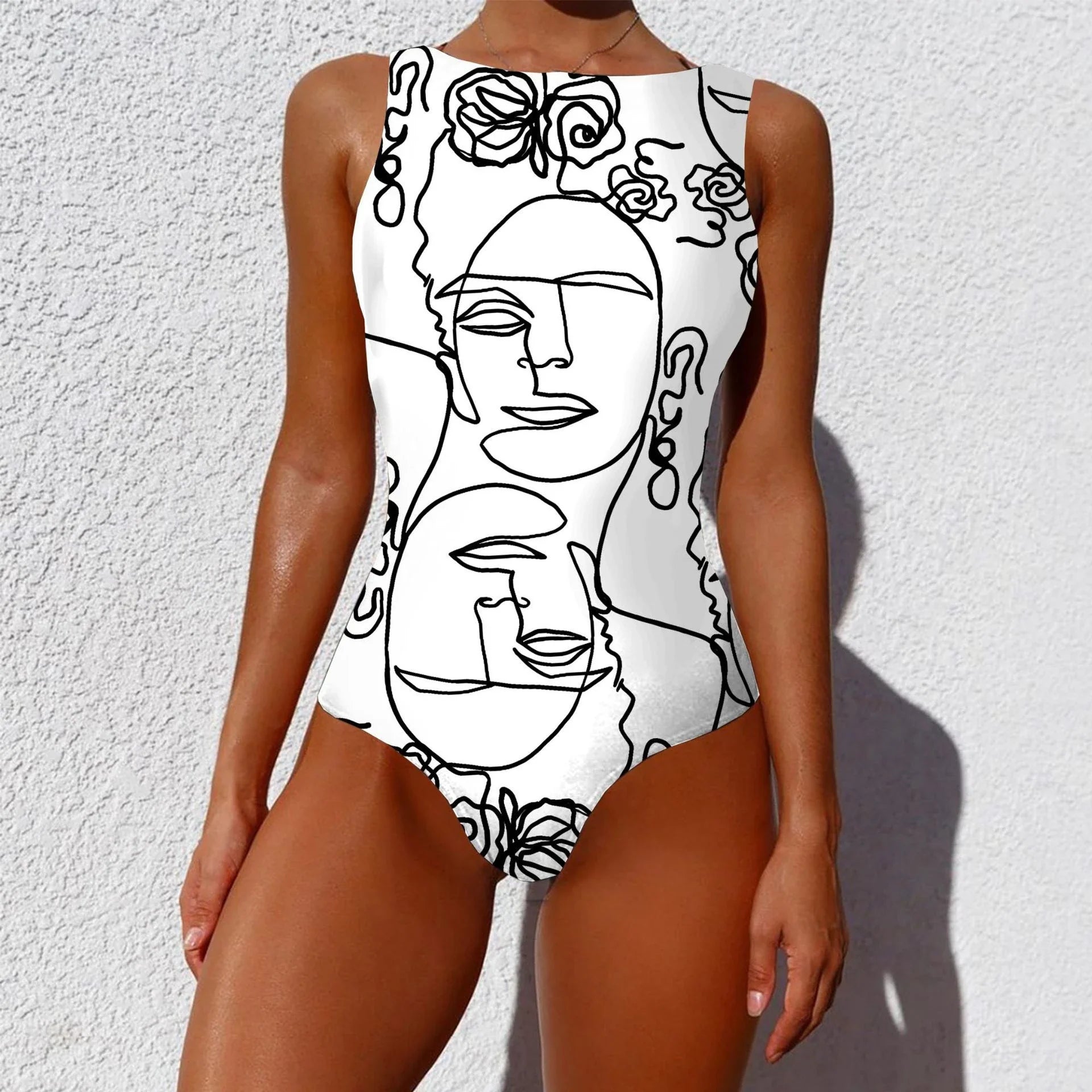 Chic vintage-inspired one-piece swimsuit with various abstract print designs, featuring a sleeveless silhouette and round neckline for a flattering fit.