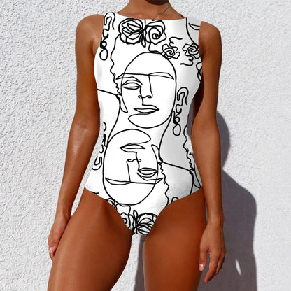Chic vintage-inspired one-piece swimsuit with various abstract print designs, featuring a sleeveless silhouette and round neckline for a flattering fit.