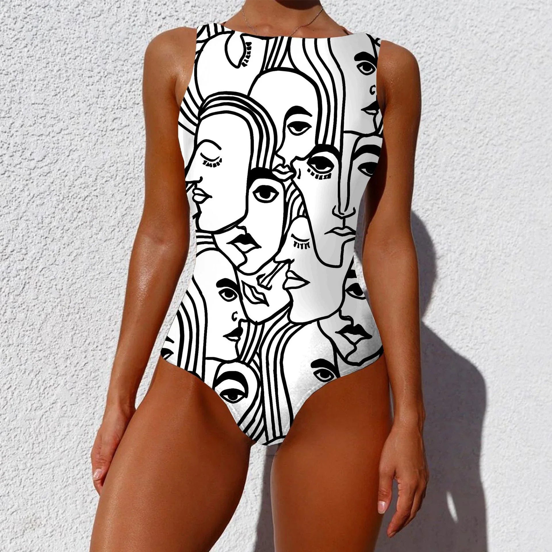Chic vintage-inspired one-piece swimsuit with various abstract print designs, featuring a sleeveless silhouette and round neckline for a flattering fit.