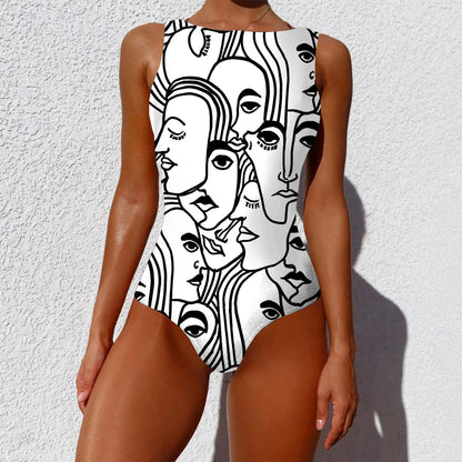 Chic vintage-inspired one-piece swimsuit with various abstract print designs, featuring a sleeveless silhouette and round neckline for a flattering fit.