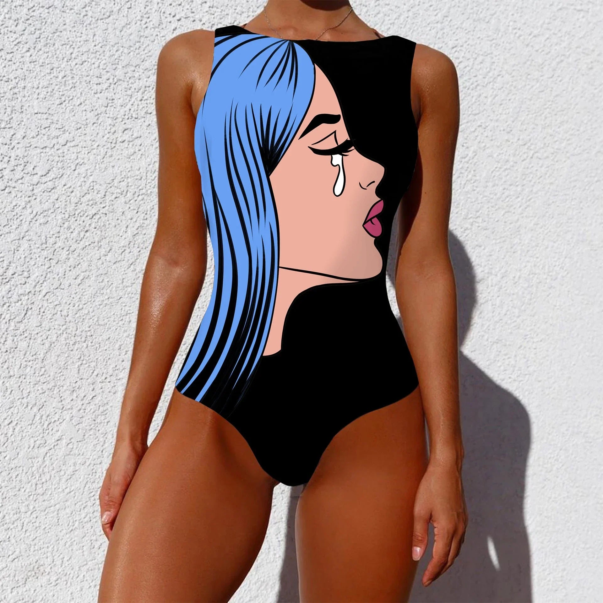 Chic vintage-inspired one-piece swimsuit with various abstract print designs, featuring a sleeveless silhouette and round neckline for a flattering fit.