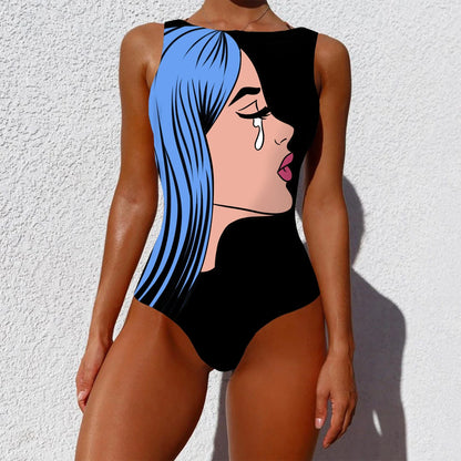 Chic vintage-inspired one-piece swimsuit with various abstract print designs, featuring a sleeveless silhouette and round neckline for a flattering fit.