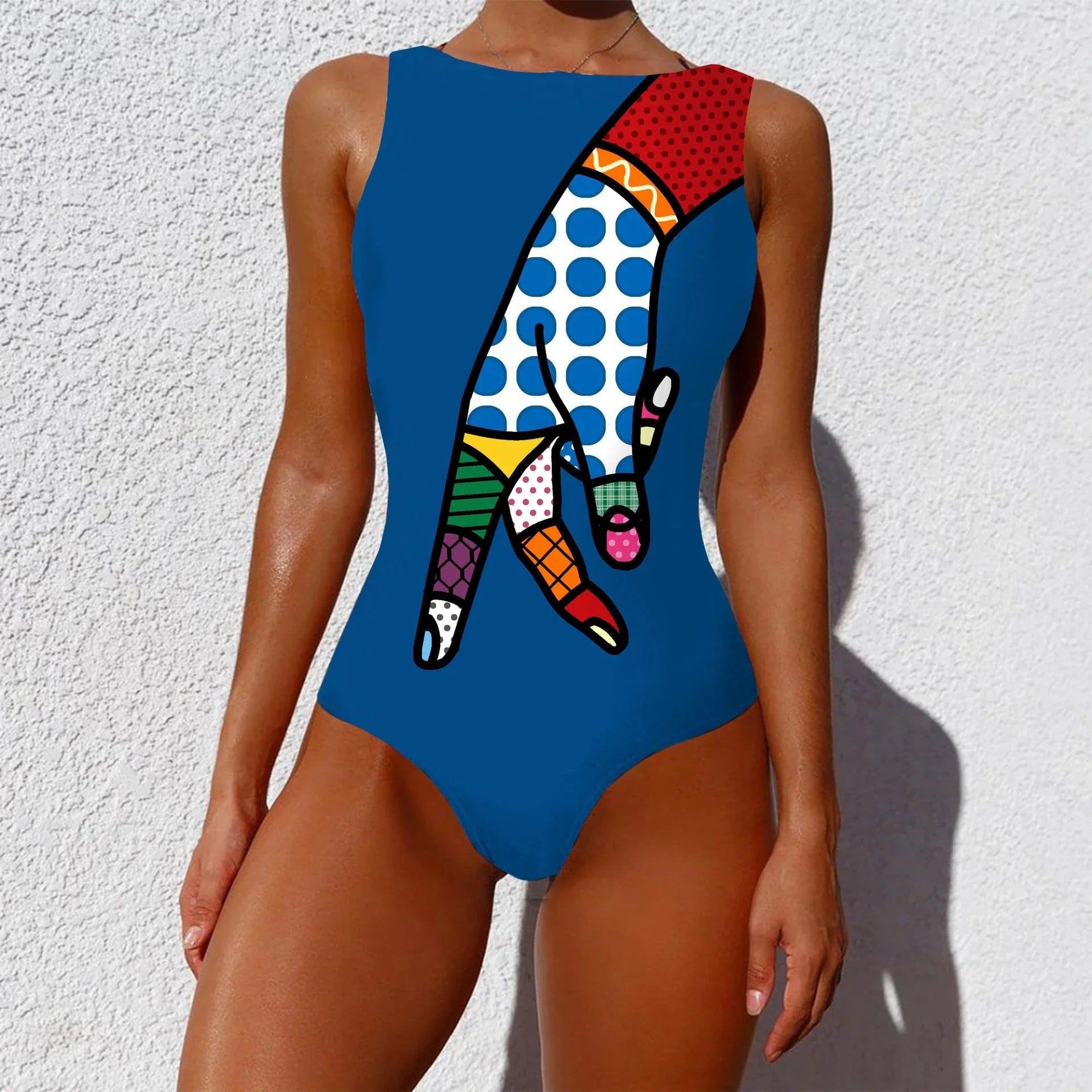 Chic vintage-inspired one-piece swimsuit with various abstract print designs, featuring a sleeveless silhouette and round neckline for a flattering fit.