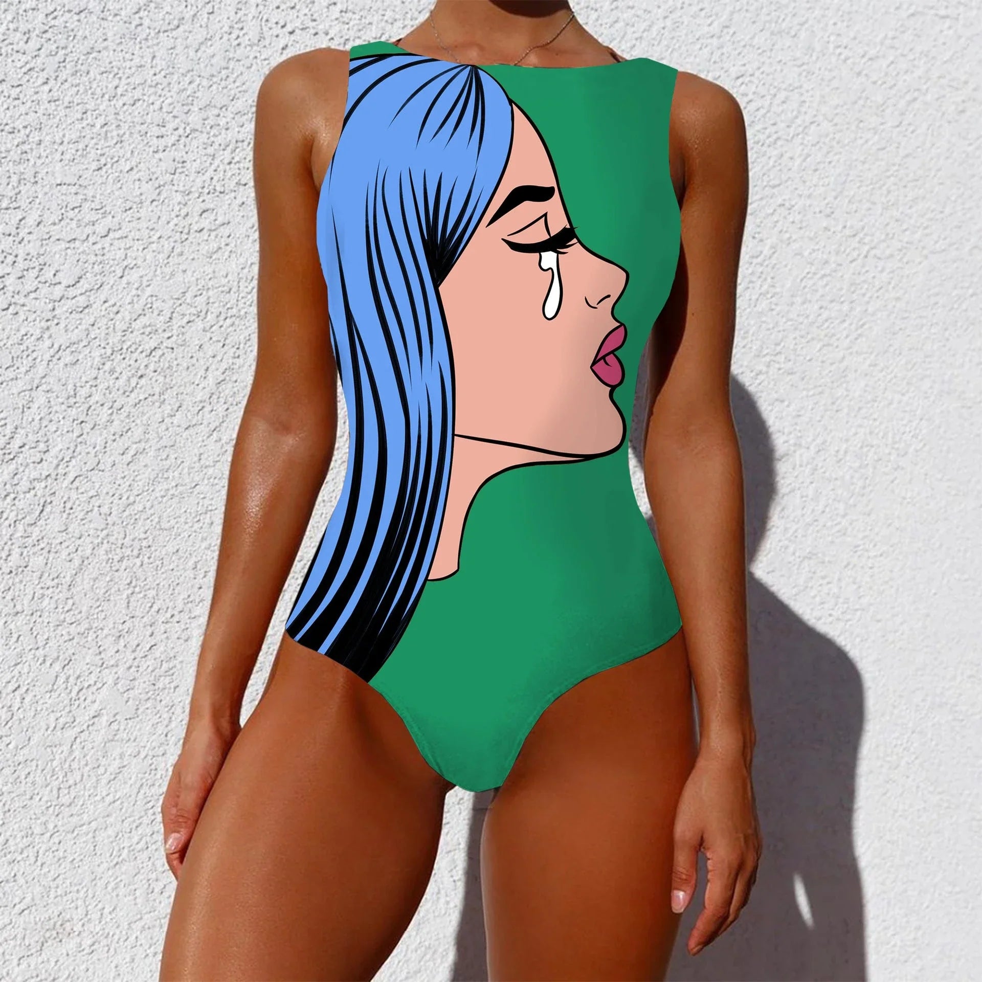 Chic vintage-inspired one-piece swimsuit with various abstract print designs, featuring a sleeveless silhouette and round neckline for a flattering fit.