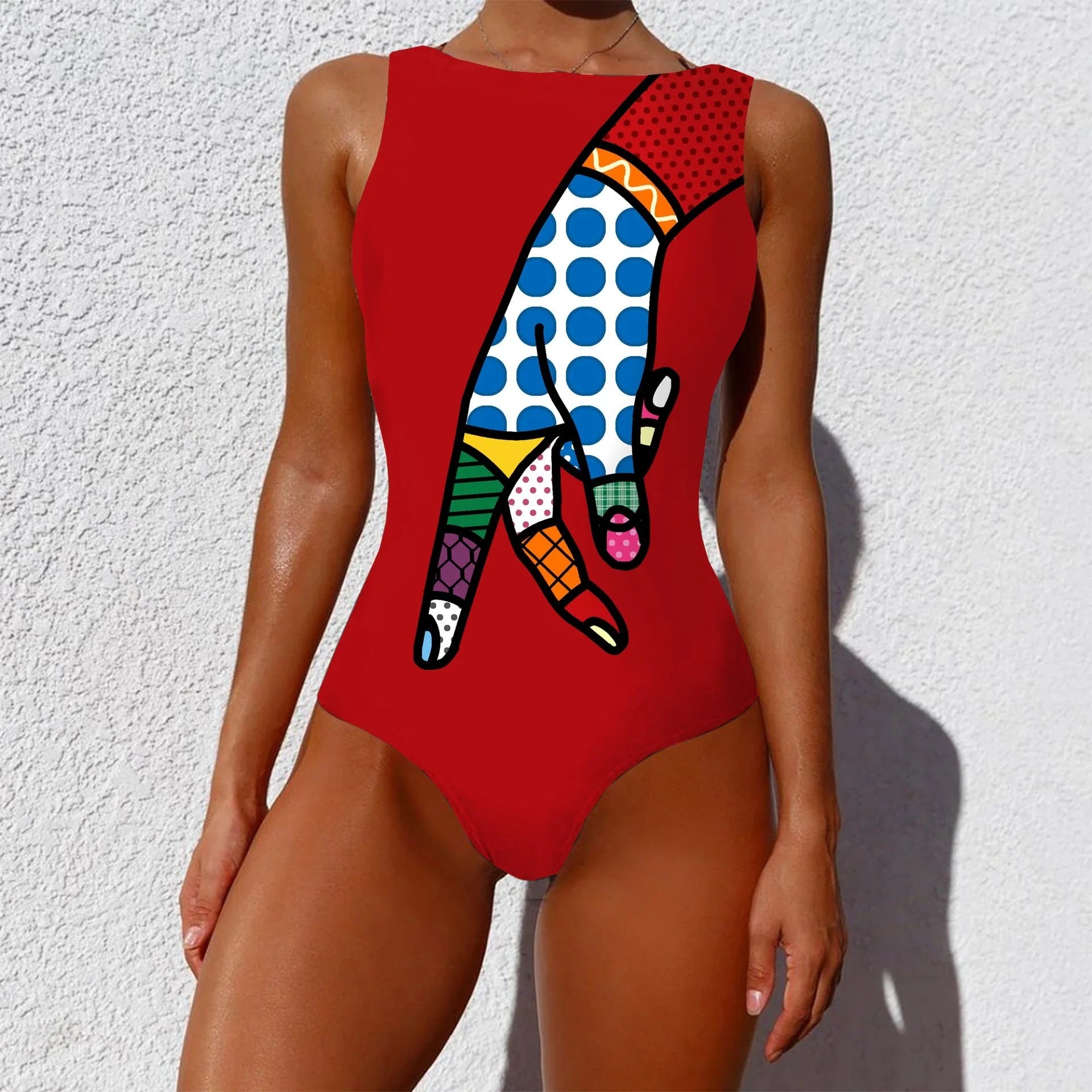Chic vintage-inspired one-piece swimsuit with various abstract print designs, featuring a sleeveless silhouette and round neckline for a flattering fit.