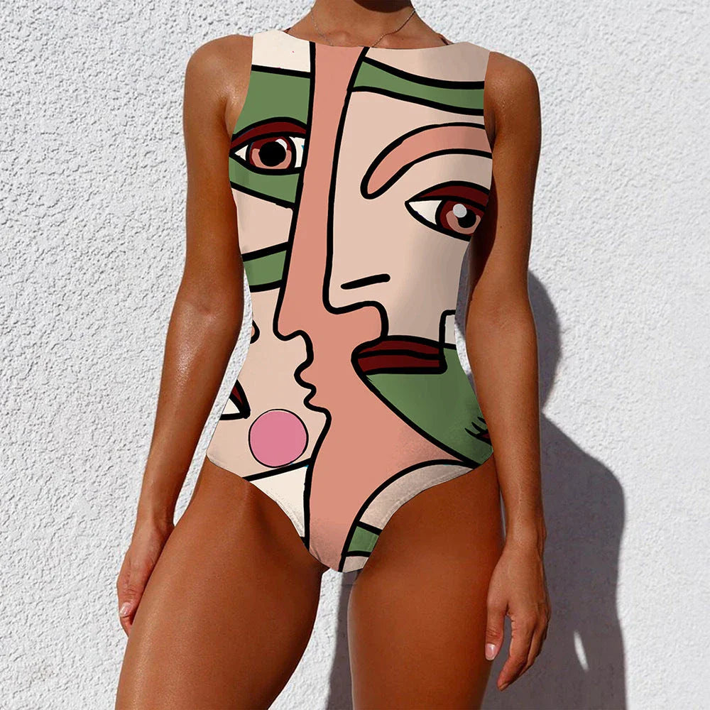 Chic vintage-inspired one-piece swimsuit with various abstract print designs, featuring a sleeveless silhouette and round neckline for a flattering fit.