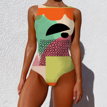 Chic vintage-inspired one-piece swimsuit with various abstract print designs, featuring a sleeveless silhouette and round neckline for a flattering fit.