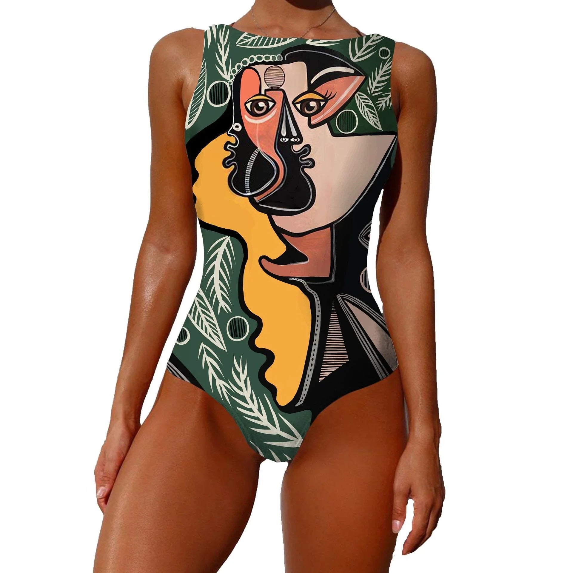 Chic vintage-inspired one-piece swimsuit with various abstract print designs, featuring a sleeveless silhouette and round neckline for a flattering fit.