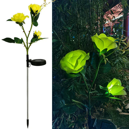 Solar-powered rose flower lights in red, pink, blue, white, and yellow colors for outdoor garden decor