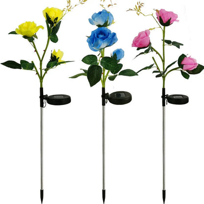 Solar-powered rose flower lights in red, pink, blue, white, and yellow colors for outdoor garden decor