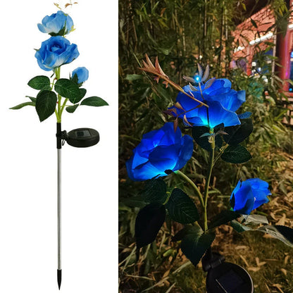 Solar-powered rose flower lights in red, pink, blue, white, and yellow colors for outdoor garden decor