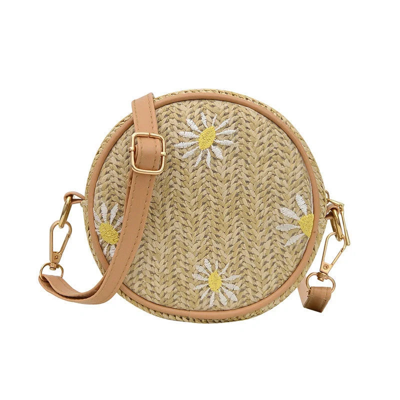 Straw woven round bag with embroidery for women, small and fresh style