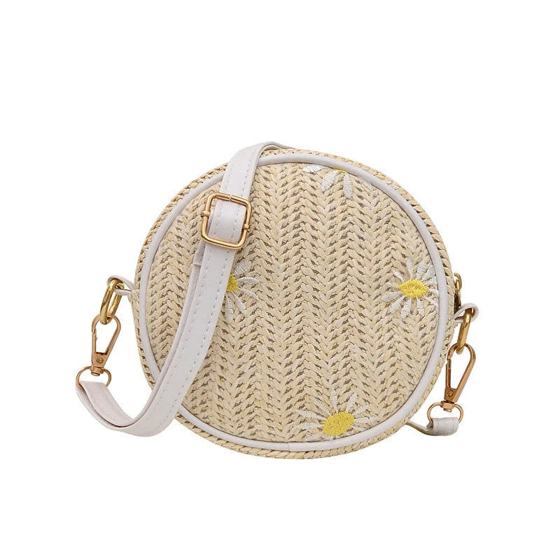 Straw woven round bag with embroidery for women, small and fresh style