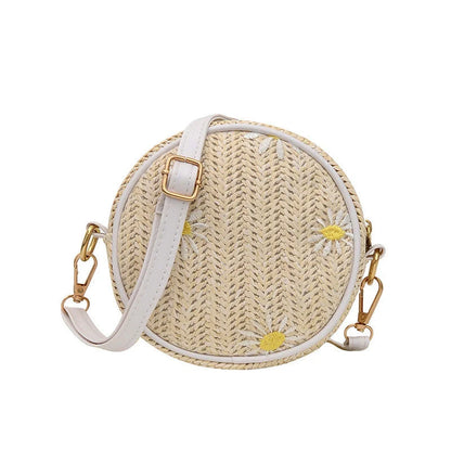 Straw woven round bag with embroidery for women, small and fresh style