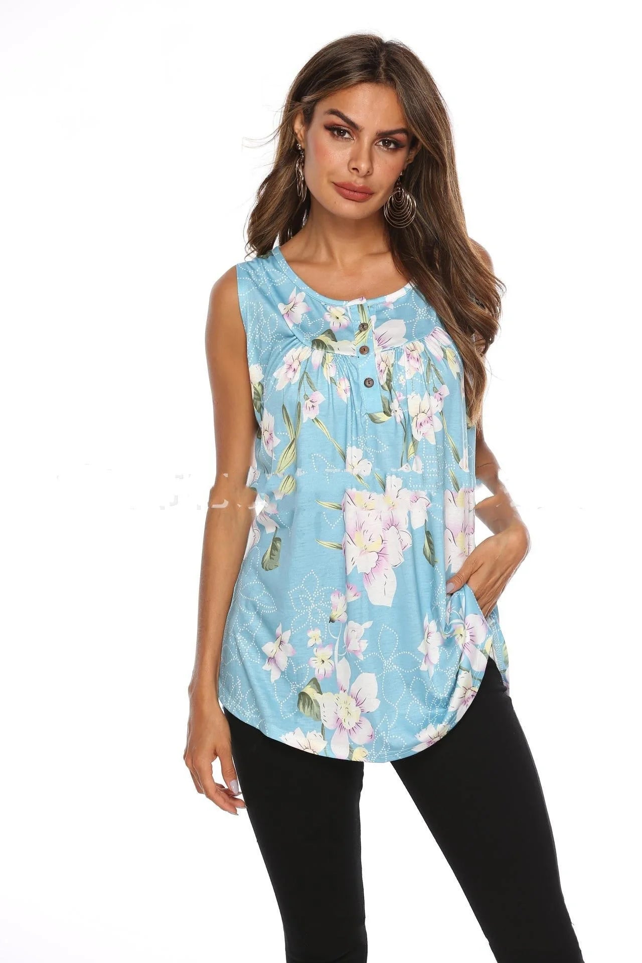 V-neck sleeveless vest with printed buttons in various colours
