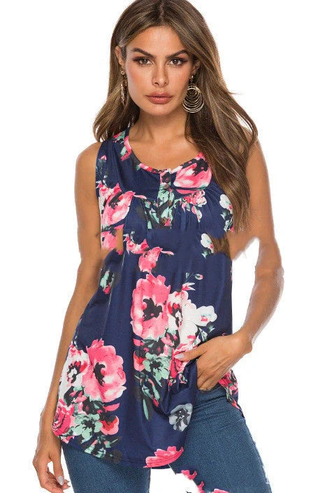 V-neck sleeveless vest with printed buttons in various colours