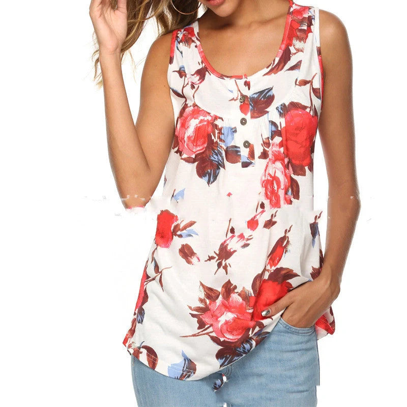 V-neck sleeveless vest with printed buttons in various colours