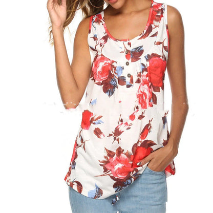 V-neck sleeveless vest with printed buttons in various colours