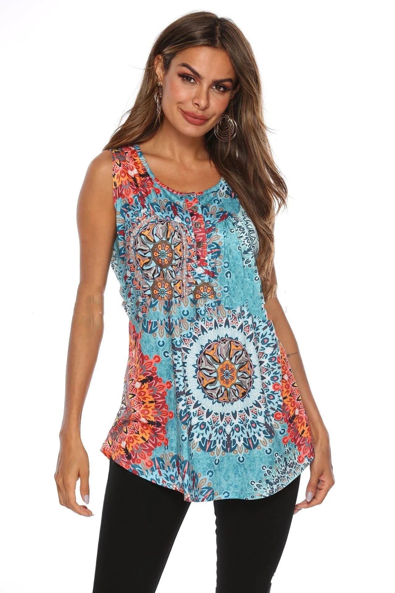 V-neck sleeveless vest with printed buttons in various colours
