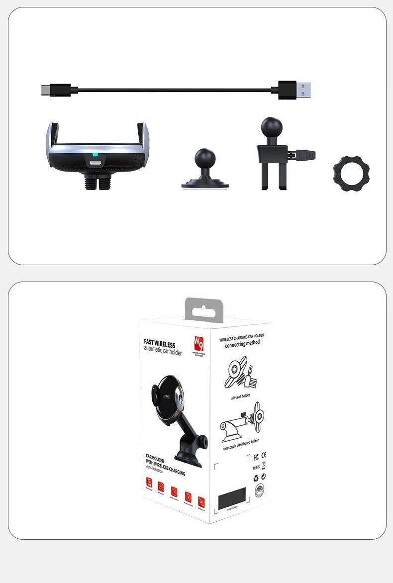 Magnetic car phone holder with wireless charging for smartphones, providing a secure and convenient in-car mount solution.