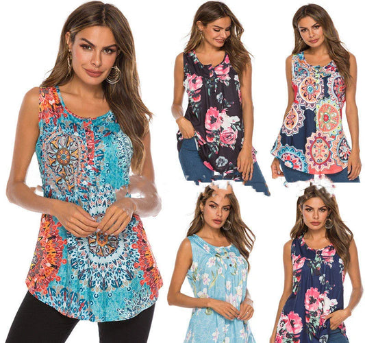 V-neck sleeveless vest with printed buttons in various colours