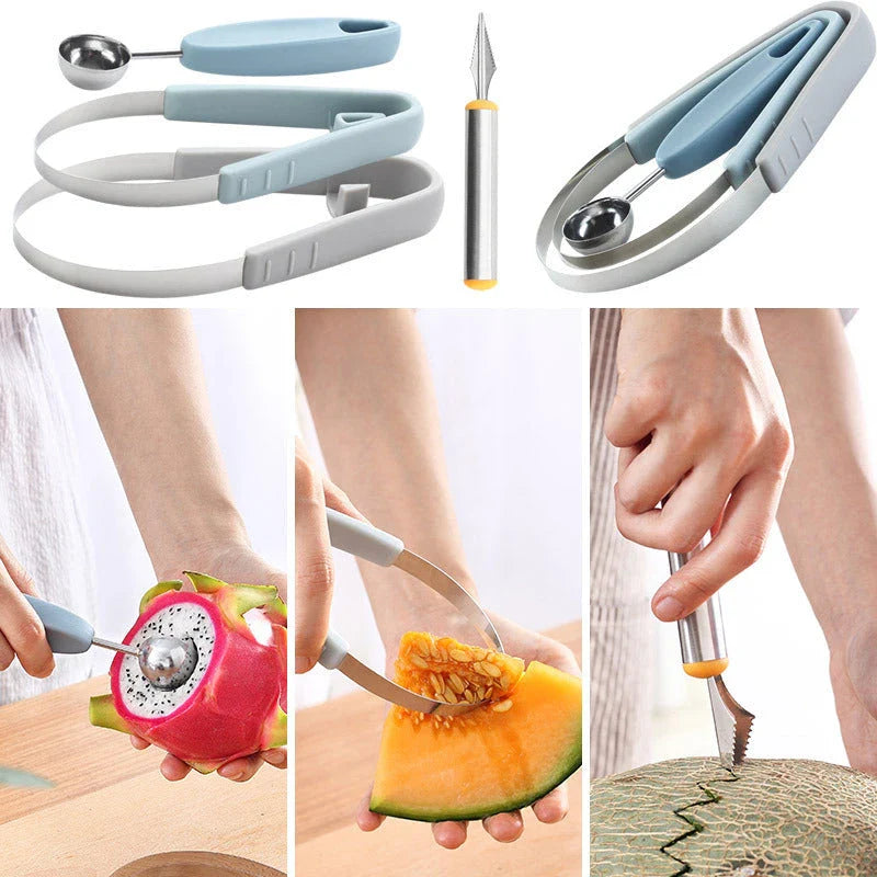 Premium 3-in-1 Fruit Carving Tool Set with Corrugated Knife and Spherical Scooper for Effortless Fruit Sculpting and Presentation
