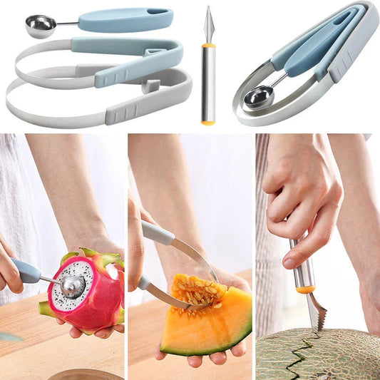 Premium 3-in-1 Fruit Carving Tool Set with Corrugated Knife and Spherical Scooper for Effortless Fruit Sculpting and Presentation
