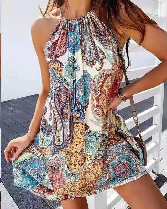 Back Short Skirt Printed Sleeveless Dress in colorful print, sweet style, sizes S to XXL