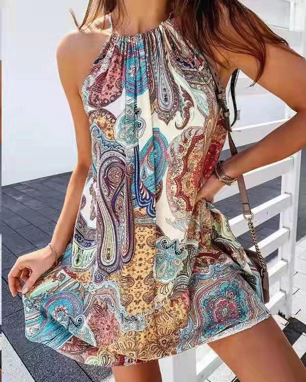 Back Short Skirt Printed Sleeveless Dress in colorful print, sweet style, sizes S to XXL