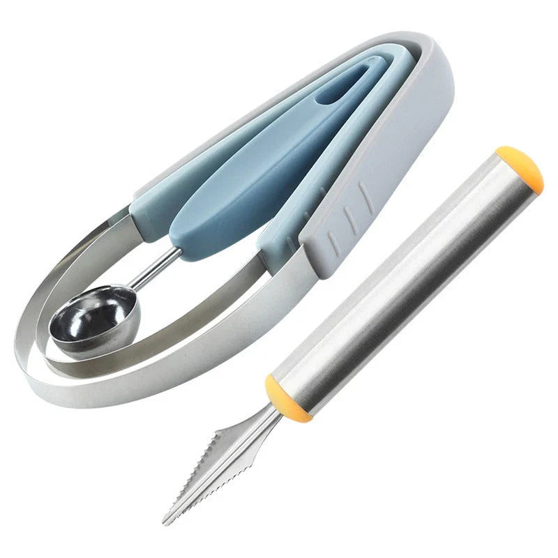 Premium 3-in-1 Fruit Carving Tool Set with Corrugated Knife and Spherical Scooper for Effortless Fruit Sculpting and Presentation
