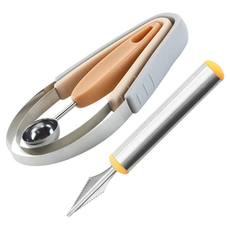 Premium 3-in-1 Fruit Carving Tool Set with Corrugated Knife and Spherical Scooper for Effortless Fruit Sculpting and Presentation