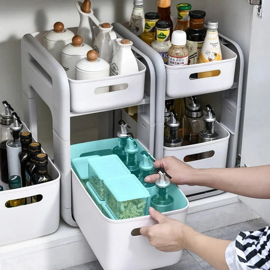 White 2-tier kitchen storage rack with pull-out drawers for easy organisation