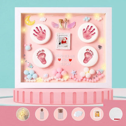 DIY baby hand and foot print clay souvenir frame with metal accents, perfect for preserving memories