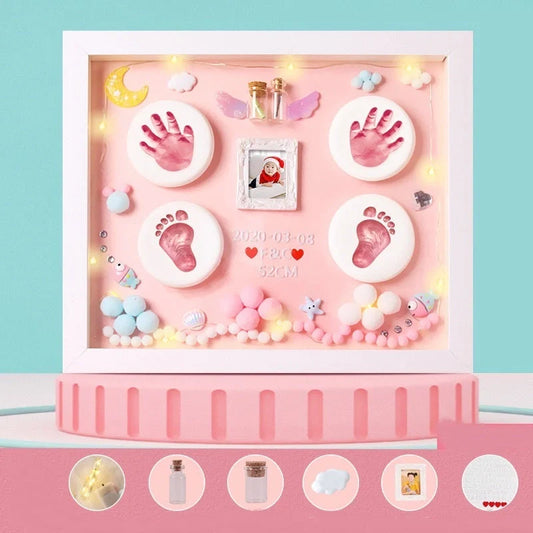 DIY baby hand and foot print clay souvenir frame with metal accents, perfect for preserving memories