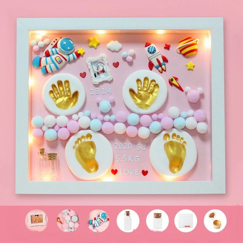 DIY baby hand and foot print clay souvenir frame with metal accents, perfect for preserving memories