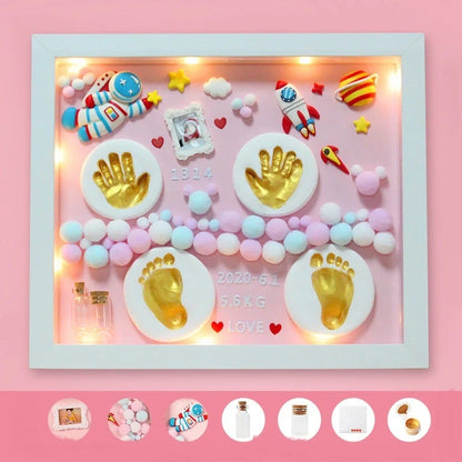 DIY baby hand and foot print clay souvenir frame with metal accents, perfect for preserving memories