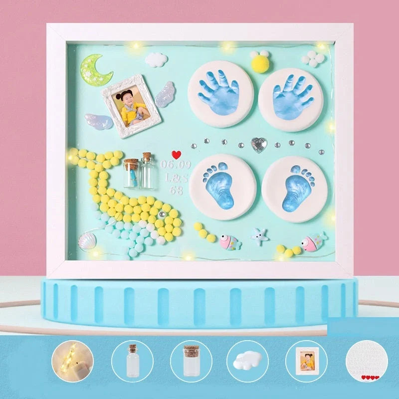 DIY baby hand and foot print clay souvenir frame with metal accents, perfect for preserving memories