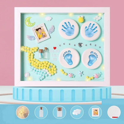 DIY baby hand and foot print clay souvenir frame with metal accents, perfect for preserving memories