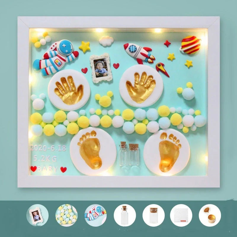 DIY baby hand and foot print clay souvenir frame with metal accents, perfect for preserving memories