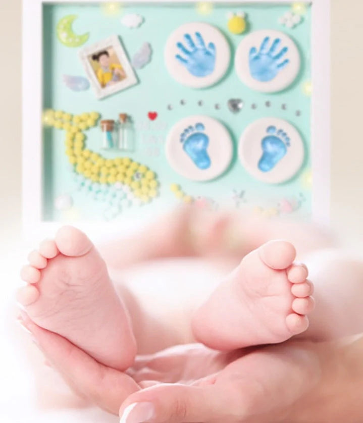 DIY baby hand and foot print clay souvenir frame with metal accents, perfect for preserving memories