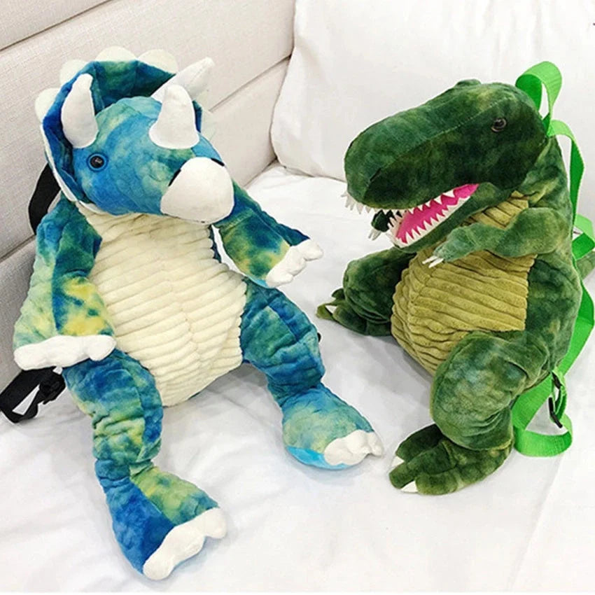 3D dinosaur plush backpack for children in blue, red, brown, and green