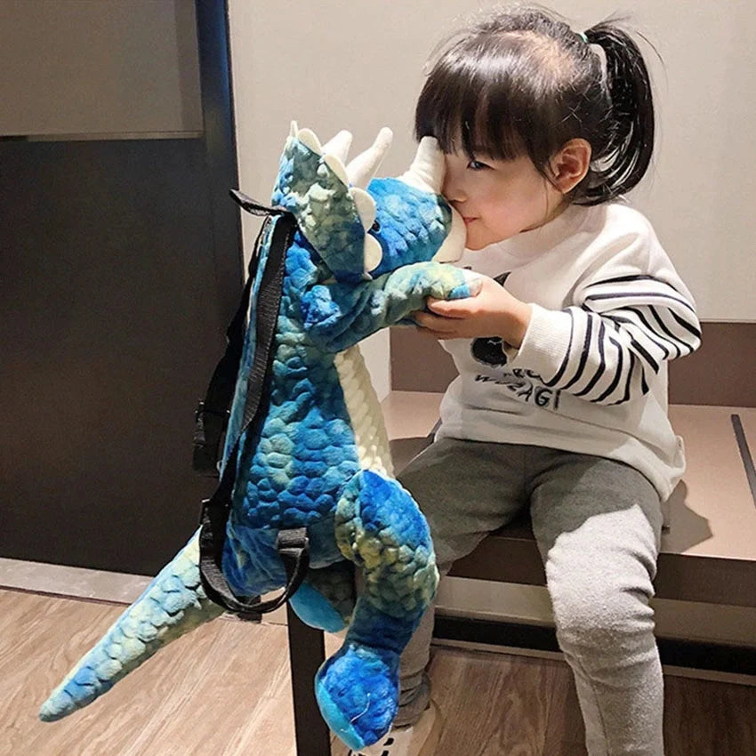 3D dinosaur plush backpack for children in blue, red, brown, and green