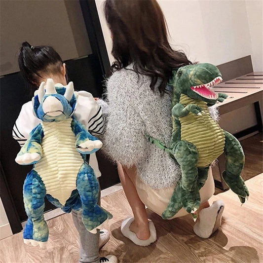 3D dinosaur plush backpack for children in blue, red, brown, and green
