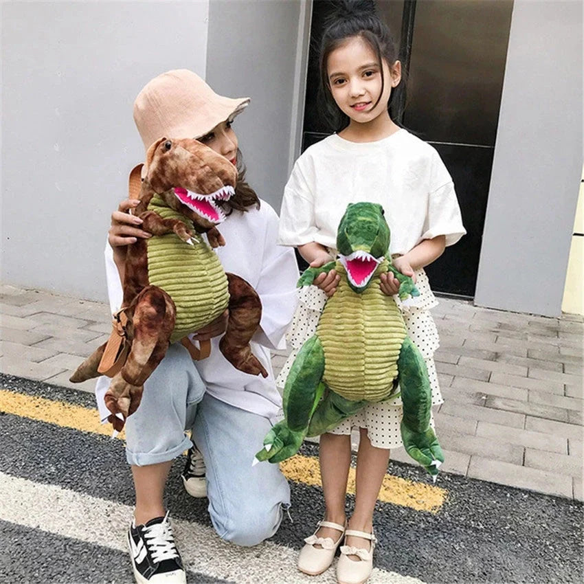 3D dinosaur plush backpack for children in blue, red, brown, and green