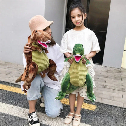3D dinosaur plush backpack for children in blue, red, brown, and green
